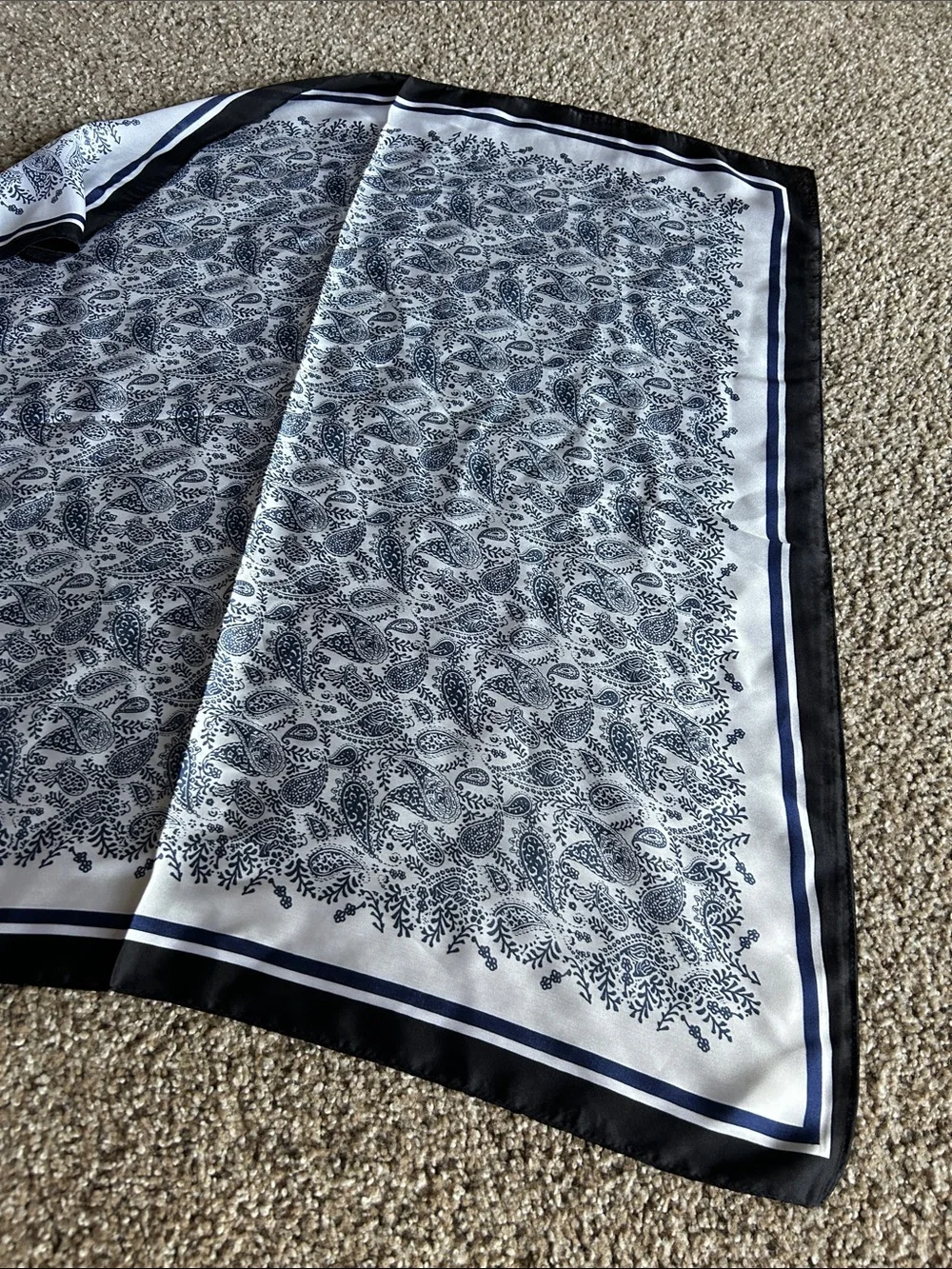 Set of 3 Printed Silk-Look Scarves — White, Navy & Pastel Green-Peach